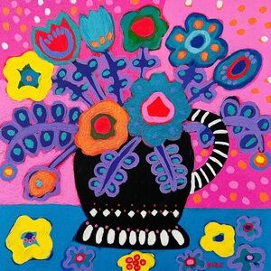 Original Painting Colorful Collectible Flowers 12" x 12" Wood One-of-a-Kind